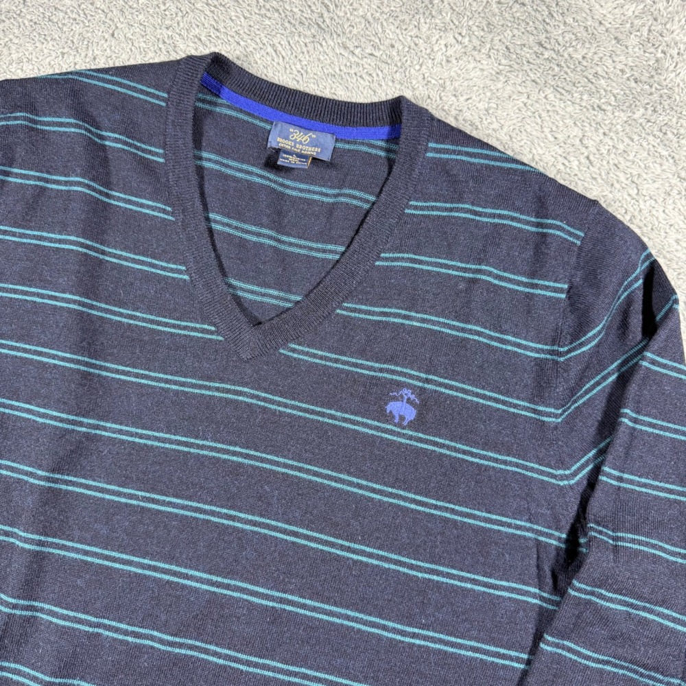 Brooks Brothers V neck Sweater Mens Large Merino Wool Striped Chest Logo Multico